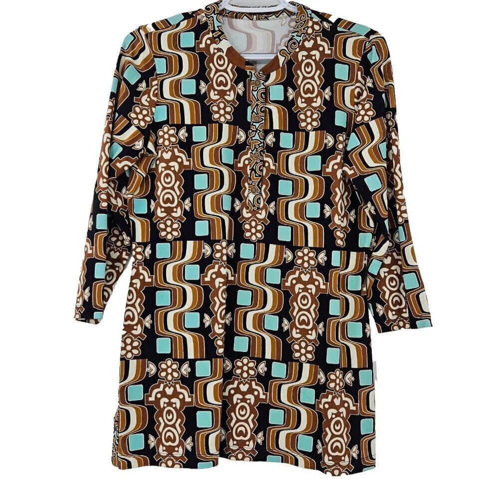 J. McLaughlin Catalina Cloth Atlas Tile Tunic Top Brown Women’s Size S Preppy